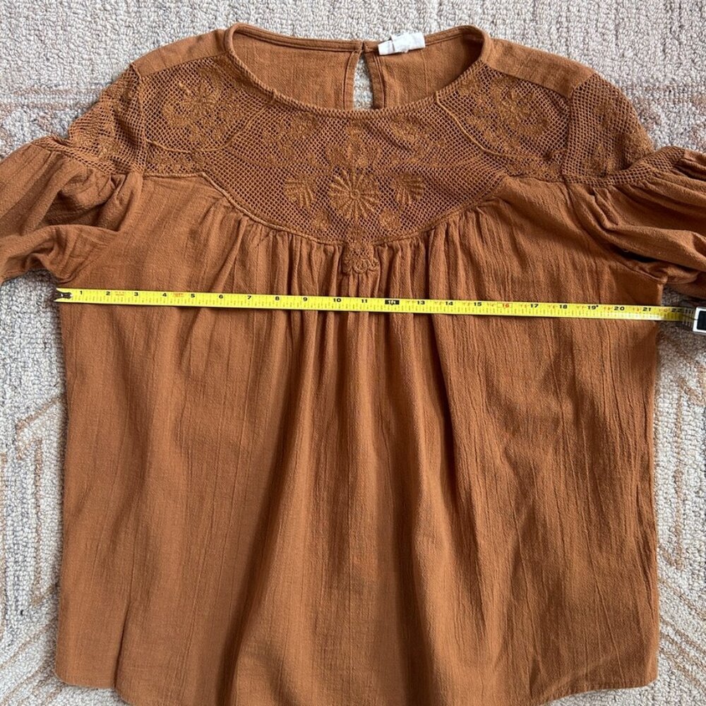 Brown Embroidered Lace Yoke Peasant Blouse Cotton Boho Folk Anthropology women L - Picture 15 of 16